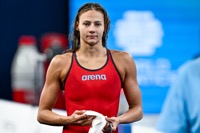 Barbora Seemanova of Czechia reacts after competing in the swimming 100m Butterfly Women Heats during the 21st World Aquatics Championships at the Aspire Dome in Doha (Qatar), February 11, 2024.
